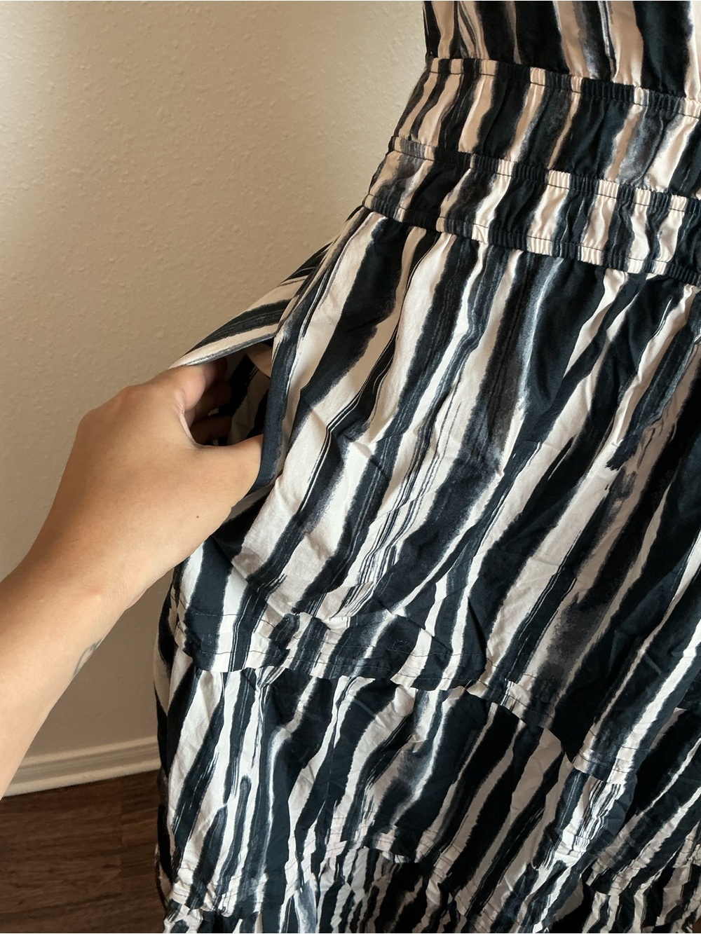 Anthropologie XS Black White Stripe Maxi Dress Cotton Pockets - Picture 5 of 13